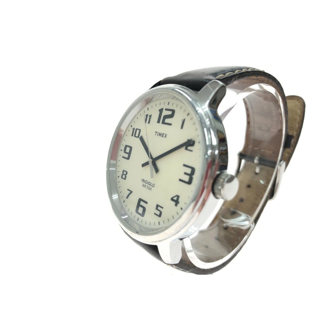Timex INDIGLO Quartz Watch W2 Off-White Dial Brown Leather Strap Men’s C Rank