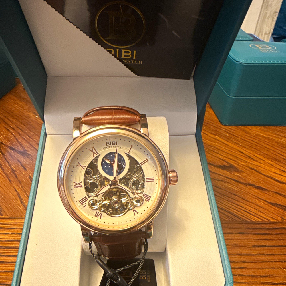 BIBI Luxury Automatic watch Skeleton Dial Moon Phase Brown Leather Strap w/ Box