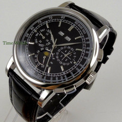 Sterile 42mm Automatic Mens Watch Date Month Year Week Leather Band White/Black