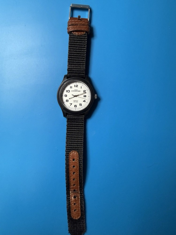 Timex Expedition Indiglo Quartz Watch 50m Date Black Case White Dial Nylon