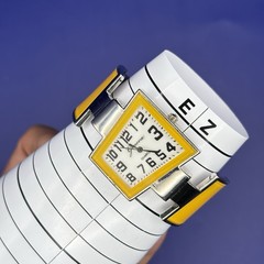 Ladies Geneva Asymmetrical Unusual Shaped Yellow Enamel Bezel Hinged Cuff Watch