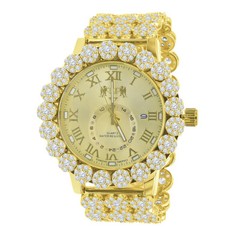 Genuine Diamond Roman Face Gold Finish Custom Band Dial XL 55mm Ice House Watch