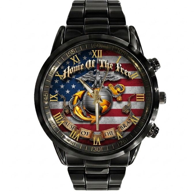 US Marine Corps Veteran Patriotic Eagle Black Stainless Steel Watch Gift