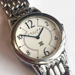 CELINE Men’s Waterproof Quartz Watch Blue Dial Macadam SS Leather Band Used
