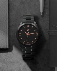 Matte Black Men’s Watch Rose Gold Accents Stainless Steel Case Water Resistant