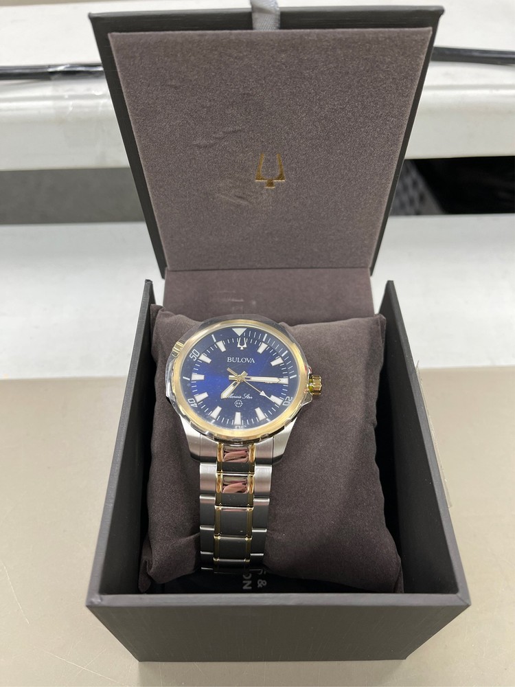 Bulova Marine Star Mens Two Tone Stainless Steel Leather Bracelet Watch 98b384