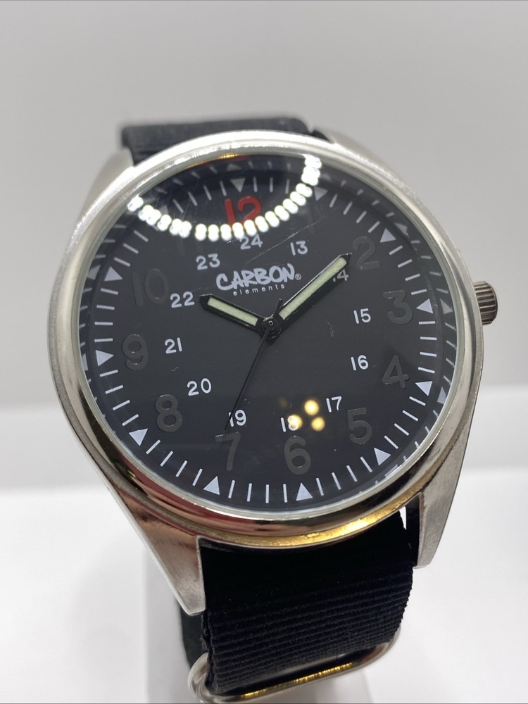 Carbon Elements Mens Silver Tone Black Quartz Watch Works New Battery