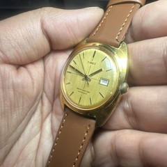 Working VTG 1970s TIMEX Automatic Mens Watch Crosshair Gold Tone Brown Band 35mm