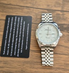 J Brackett Verona Off White Dial 43 mm Quartz Fluted Bezel w SS Jubilee Bracelet