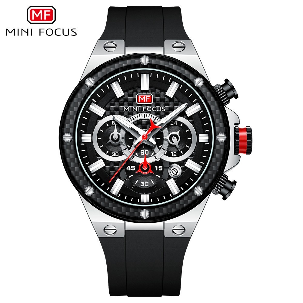 MINI FOCUS Men’s Silicone Multifunction Chronograph Calendar Sports Quartz Watch