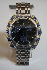 Men’s silver finish clear, blue, black & yellow stone fashion hip hop watch