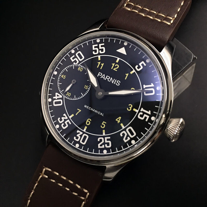 PARNIS 44mm Men Chinese 6497 Hand Winding Movement Vintage Watch Coffee Strap