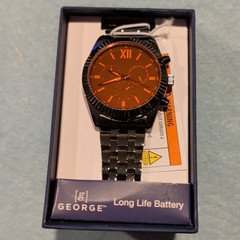 GEORGE Men’s Quartz Analog Watch Black Metal Bracelet Orange Dial w/ Box