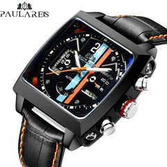 Automatic Watches for Men Mechanical Genuine Leather Stainless Steel Black Orang