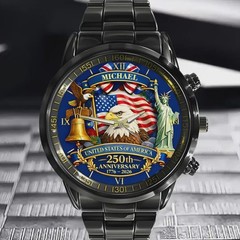 Personalized American Eagle USA 250th Anniversary Black Stainless Steel Watch
