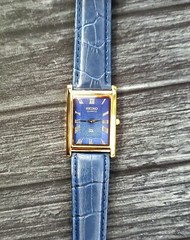 **Men’s Gold Tank Rectangular Blue Dial Blue Leather New Mvt & Batt