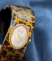 Vintage Kenneth Jay Lane Leopard Print Bangle Watch Hinged Oval Face New Battery