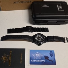 ADDIESDIVE Men’s Diver: Date/Black Dial Leather Strap (Check Description)