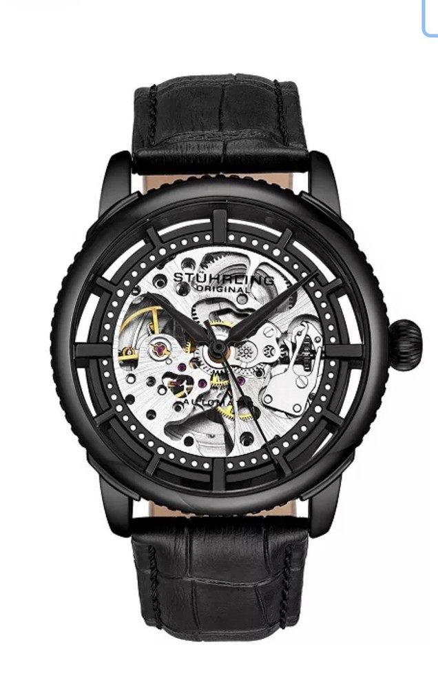 StuhrlingMen’s Black Alligator Embossed Genuine Leather Strap Watch 42mm