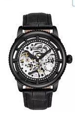 StuhrlingMen’s Black Alligator Embossed Genuine Leather Strap Watch 42mm