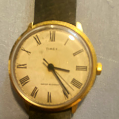 Timex Vintage Analog Quartz Dress Watch White Roman Dial Gold Case Black Strap