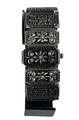 Hidden Dial Watch Women’s 24mm Gunmetal Floral Gemmed Open Cuff Band New Battery