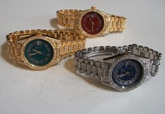 Men’s gold & silver finish Red, green, blue date dial hip hop fashion watch