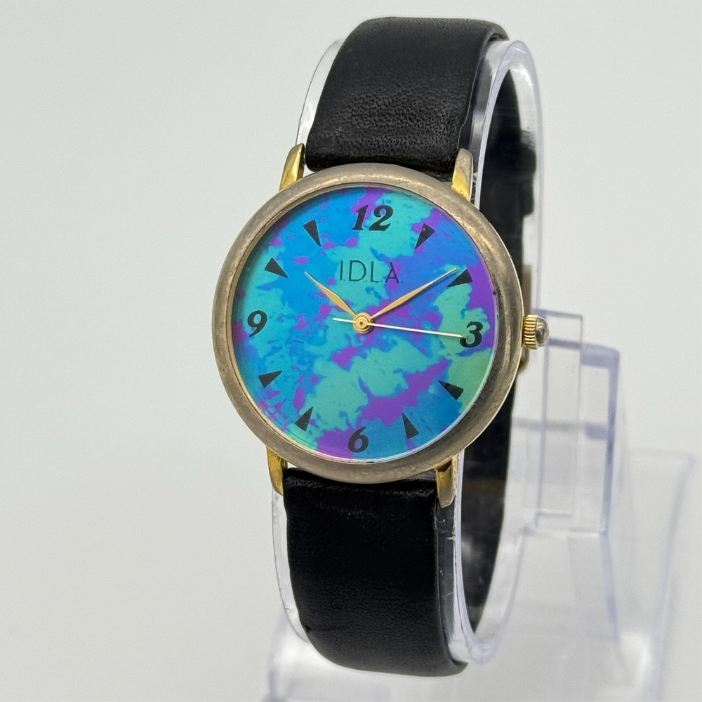 Women’s ID TITANIUM Gold Tone Watch, Multicolor Acid Dial, Black Leather, 32mm