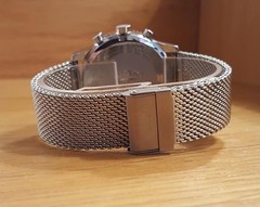 Mens Silver Milanese Bracelet Rotary Blue Face Chrono Slide Rule Pilot Watch NEW