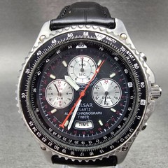 Seiko Pulsar Chronograph Watch Men 41mm Black Dial Silver Alarm Date N945 NewBat