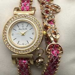 Jan Tee Da Womens Watch 29mm White Dial Gold Tone Pink Crystals Bracelet 8.75″