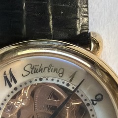 Stührling Automatic Skeleton Dial Gold Tone Steel Case Black Leather Strap
