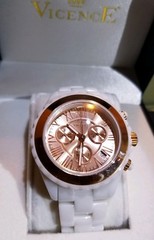 Vicence White Ceramic Chronograph Watch 14kt ROSE Gold Bezel NEW BATTERY