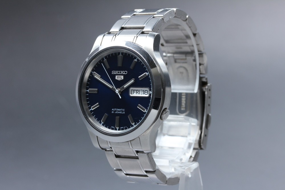 [Exc+5] Vintage Seiko 5 7S26-02J0 Blue 21J Day Date AT Men’s Watch From JAPAN