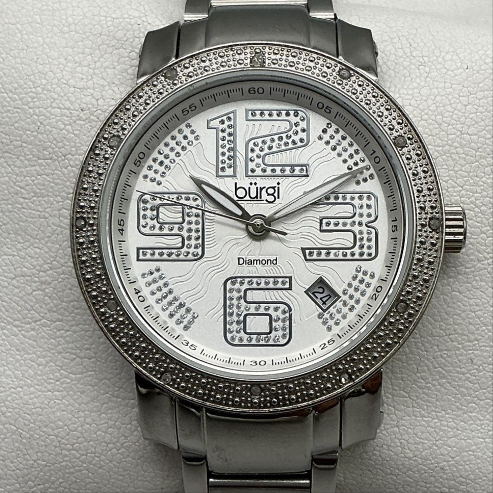 Burgi Womens Watch 36mm White Dial Diamond Stainless Steel New Battery 7.75″