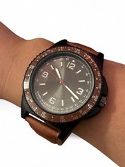 Mens Analog Wristwatch Tachymeter Brown Leather Strap Black Case Gray Dial