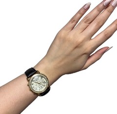 Black Gold Faux Leather Watch Strap New York Rhinestones Chic Business Casual