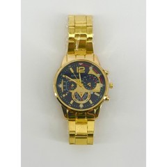 Geneva Mens Gold Tone Chronograph Style Watch Black Dial Link Bracelet New
